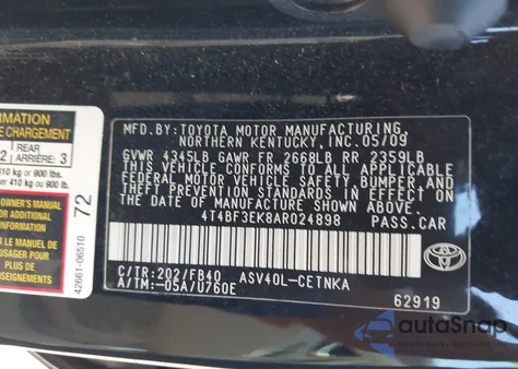 2010 Toyota Camry z USA, uszkodzony, nr VIN 4T4BF3EK8AR024898